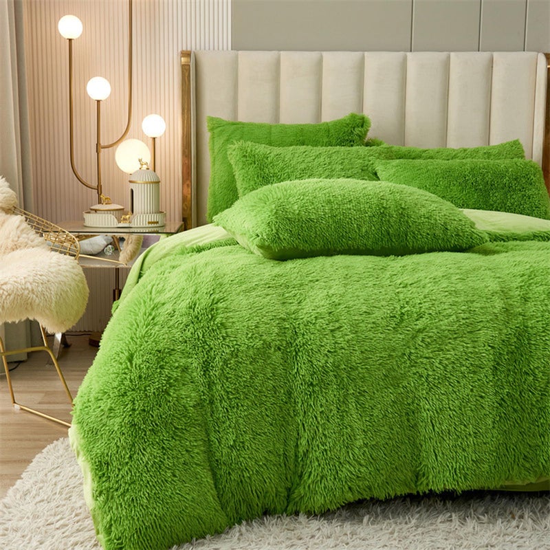 MorroMorn 5 PCS Shaggy Duvet Cover Bedding Set - Fluffy Comforter Cover Long Faux Fur Luxury Ultra Soft Cozy (Green, King/California King) - Image 4